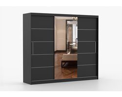 Schuifdeurkast ELBA I met Spiegel – 3-deurs kledingkast, legplanken en kledingroede – modern design – 250x218x61 cm - ELBA I (Zwart)