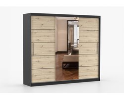 Schuifdeurkast ELBA I met Spiegel – 3-deurs kledingkast, legplanken en kledingroede – modern design – 250x218x61 cm - ELBA I (Zwart + Artisan)