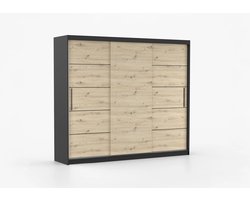 Schuifdeurkast ELBA II – 3-deurs kledingkast, legplanken en kledingroede – modern design – 250x218x61 cm - ELBA II (Zwart + Artisan)