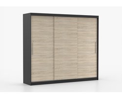 Schuifdeurkast ELBA II – 3-deurs kledingkast, legplanken en kledingroede – modern design – 250x218x61 cm - ELBA II (Zwart + Sonoma)