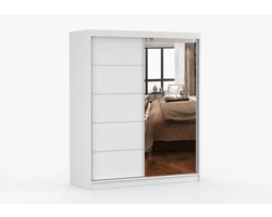 Schuifdeurkast EVA 05 – 2-deurs kledingkast met spiegel, legplanken en kledingroede – modern design – 160x195x61 cm - EVA 05 (Wit)