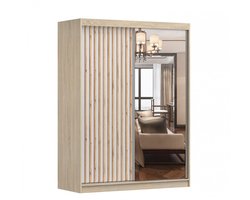 Schuifdeurkast LABI – 2-deurs kledingkast met decoratieve lamellen, legplanken en kledingroede – met spiegel – 150x200x61 cm - LABI (Sonoma + Wit + Houten lamellen)