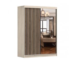 Schuifdeurkast LABI – 2-deurs kledingkast met decoratieve lamellen, legplanken en kledingroede – met spiegel – 150x200x61 cm - LABI (Sonoma + Zwart + Houten lamellen)