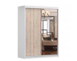 Schuifdeurkast LABI – 2-deurs kledingkast met decoratieve lamellen, legplanken en kledingroede – met spiegel – 150x200x61 cm - LABI (Wit + Wit + Houten lamellen)