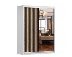 Schuifdeurkast LABI – 2-deurs kledingkast met decoratieve lamellen, legplanken en kledingroede – met spiegel – 150x200x61 cm - LABI (Wit + Zwart + Houten lamellen)