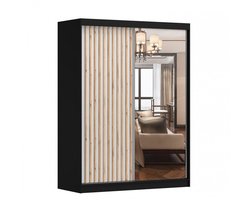 Schuifdeurkast LABI – 2-deurs kledingkast met decoratieve lamellen, legplanken en kledingroede – met spiegel – 150x200x61 cm - LABI (Zwart + Wit + Houten lamellen)
