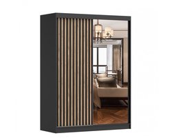 Schuifdeurkast LABI – 2-deurs kledingkast met decoratieve lamellen, legplanken en kledingroede – met spiegel – 150x200x61 cm - LABI (Zwart + Zwart + Houten lamellen)