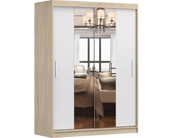 Schuifdeurkast LARA 01 – 2-deurs kledingkast met spiegel, legplanken en kledingroede – modern design – 150x200x61 cm - LARA 01 (Sonoma + Wit)