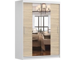 Schuifdeurkast LARA 01 – 2-deurs kledingkast met spiegel, legplanken en kledingroede – modern design – 150x200x61 cm - LARA 01 (Wit + Sonoma)