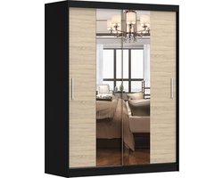 Schuifdeurkast LARA 01 – 2-deurs kledingkast met spiegel, legplanken en kledingroede – modern design – 150x200x61 cm - LARA 01 (Zwart + Sonoma)