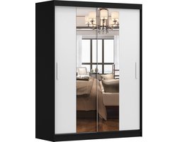 Schuifdeurkast LARA 01 – 2-deurs kledingkast met spiegel, legplanken en kledingroede – modern design – 150x200x61 cm - LARA 01 (Zwart + Wit)