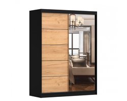 Schuifdeurkast LARA 05 – 2-deurs kledingkast met spiegel, legplanken en kledingroede – modern design – 150x200x61 cm - LARA 05 (Zwart + Goud Eiche)