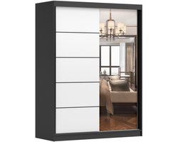 Schuifdeurkast LARA 09 – 2-deurs kledingkast met spiegel, legplanken en kledingroede – modern design – 150x200x61 cm - LARA 09 (Zwart + Wit)