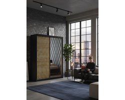 Schuifdeurkast met Spiegel 138 cm – Moderne Garderobekast met Grote Opbergruimte – Grafiet & Ambachtelijke Eik Goud – Luxe Woonkamerkast – Novihome