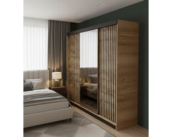 Schuifdeurkast met Spiegel 200 cm – Luxe Kledingkast Eiken Goud – Garderobekast met Schuifdeuren & Hanggedeelte – Moderne Opbergkast voor Slaapkamer of Woonkamer – Medahomestore MALANI 200