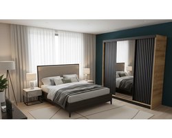 Schuifdeurkast met Spiegel 200x205x59 cm – Luxe Garderobekast Eiken & Grafiet – Multifunctionele Kledingkast voor Woonkamer en Slaapkamer – Medahomestore