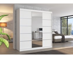 Schuifdeurkast NOREVA met spiegel 200 cm – ruime witte kledingkast met moderne zilverkleurige sierstrepen en praktische indeling - Wit