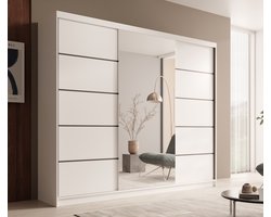 Schuifdeurkast Tivora 250 cm met spiegel – kledingkast met 3 schuifdeuren, 11 legplanken en kledingroede – Wit – 250x215x58 cm