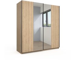 Schuifdeurkast Yumi Eiken - Breedte 200 cm - Hoogte 217 cm - Diepte 69 cm - Met hanggedeelte - Met planken - Met roldeur