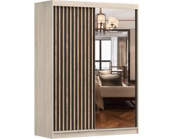 Schuifwandkast met decoratieve lamellen, Zweefdeurkast Kledingkast met Spiegel, kast met planken en kledingstang Gaderobe 150x200x61 cm - LABI C1 (Sonoma + Zwart, 150)