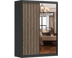Schuifwandkast met decoratieve lamellen, Zweefdeurkast Kledingkast met Spiegel, kast met planken en kledingstang Gaderobe 150x200x61 cm - LABI C1 (Zwart, 150)