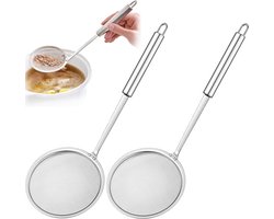 Schuimspaan - 2 Stuks - Frituurspaan - Frituurschep - Voedsel Zeef - Chuimlepel - Vergietlepel - Aardappels/Groente/Pasta Afgieten - Kookbenodigdheden - Kitchen Tools - Schuimlepel - Zeef - Vergiet - Ophangbaar - Met Handvat - ø10 cm - RVS - Zilver