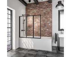 Schulte badwand - 3 delig - 127x140cm - zwart profiel - transparant veiligheidsglas - eenvoudig te zonder boren - lijmbevestiging
