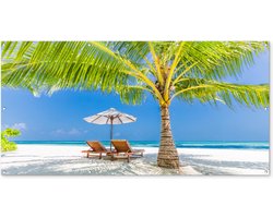 Schuttingposter Palmboom - Strandstoel - Parasol - 200x100 cm - Tuindoek