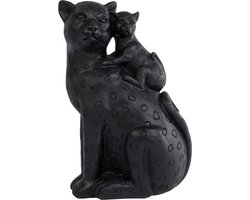 Sculptuur "Leopard with cub" zwart polystone 13x9x15cm