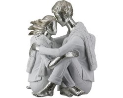 Sculptuur - Liefdespaar - Omhelzend - Geborgenheid - Zilver en Wit - Beeld - Polyresin