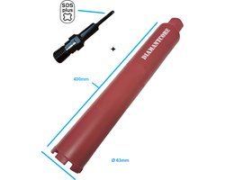 SDS-Plus Adapter + Kernboor diamantboor betonboor 63 x 400 gatenboor diamantboorkroon diamant boor kernboormachine airco boorkroon aansluiting boormachine 1-1/4'' UNC schroefdraad