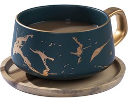 S&Dshopline® Cappuccinokopjes met schoteltjes, marmer, 300 ml, porseleinen espressokopjes voor thee, koffie, cappuccino, koffiekopjes met houten schijf (groen)
