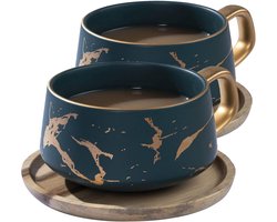 S&Dshopline® Cappuccinokopjes met schoteltjes, marmer, 300 ml, porseleinen espressokopjes voor thee, koffie, cappuccino, koffiekopjes met houten schijf (2 x groen, 2 stuks)