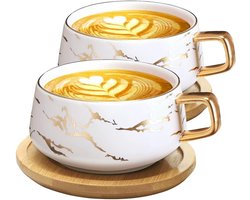 S&Dshopline® Cappuccinokopjes met schoteltjes, marmer, 300 ml, porseleinen espressokopjes voor thee, koffie, cappuccino, koffiekopjes met houten schijf (wit x 2), 2 stuks