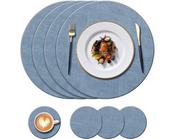 S&Dshopline® Leren placemats en onderzetters, rond, hittebestendig tot 100 °C, antislip en waterdicht, gemakkelijk schoon te maken, PU-placemats voor keuken, thuis, restaurant, eettafel, verpakking van 8 (blauw)