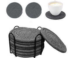S&Dshopline® Onderzetters voor drankjes, 8 stuks, handgemaakte onderzetters, glazen met houder, ronde onderzetters van katoen, afwasbaar, slijtvast, voor kopjes, matten, tafeldecoratie, grijs