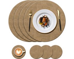 S&Dshopline® Set van 4 ronde leren placemats (34 cm) en 4 onderzetters (10 cm), hittebestendig 100°C, antislip en waterdicht, PU placemats voor keuken, binnen en buiten, glazen eettafel, (Beige)