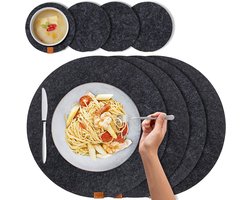 S&Dshopline® - Set van 8 vilten placemats, afwasbaar, 4 ronde placemats, 34 x 34 cm, 4 glazen onderzetters, vilt, antislip en vilten onderzetters, hittebestendig, donkergrijs, antraciet