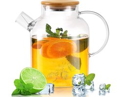 S&Dshopline® Theepot glas 1,8 l houten deksel theepot glas met zeef glazen kan koudebestendig en hittebestendig explosiebestendig borosilicaatglas glazen pot geschikt voor thee, geurthee en vruchtendranken