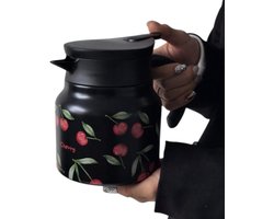 S&E 800ml Roestvrijstalen Dubbelwandige Thermoskan met Kersenbloesemdesign - Zwart