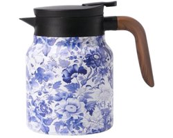 S&E 800ml Roestvrijstalen Dubbelwandige Thermoskan – Warm & Koud – Voor Thuis, Werk & Cadeau - Blauwe bloemen