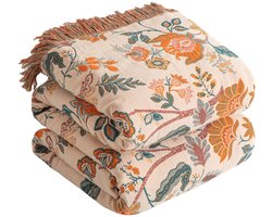 SE SOFTEXLY Boho deken 100% katoen - dubbelzijdige mousseline sprei 150x200cm, gezellige bankdeken en bedsprei, esthetisch design, ideaal voor woonkamer en slaapkamer, oranje/groen