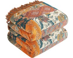 SE SOFTEXLY Boho-deken 100% katoen - Grote dubbelzijdige mousseline sprei 200x230cm, gezellige deken en sprei voor op de bank, esthetisch design, ideaal voor woonkamer en slaapkamer, oranje/groen