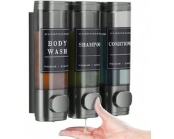 S&E Wandgemonteerde Zeepdispenser – Transparante Flessen met Label & Slot – Voor Douche, Keuken & Badkamer – Zonder Boren - Donker Grijs