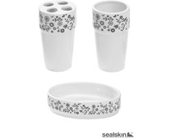 Sealskin Flowerlace 3-delige badkamer accessoires set | Zeepbakje - tandenborstelhouder - beker | Keramiek