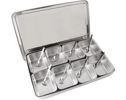 Seasoning Organizer Box - Rvs Zoutcontainer met Deksel en Lepel - 8 Roosters Aluminium Legering Kruidenbox - Specerijopslagcontainers - Keukenaccessoires