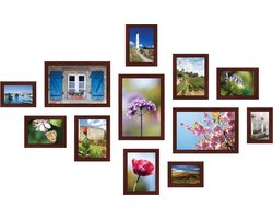 SecaDesign Fotowand bruin 12 fotolijsten PIA12BR met handige template voor plaatsing. 3x 10x15cm, 3x 13x18cm, 3x 15x20cm en 3x 20x30cm fotomaat - fotomuur
