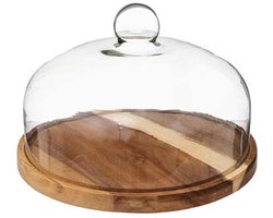 Secret de Gourmet dienblad met glazen stolp - acacia hout - 30 cm - serveerplank/kaasplank/cake platter - rond