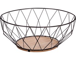 Secret de Gourmet Fruitschaal - zwart - D28 cm - metaal/hout - rond - fruitmand - Fruitschalen - Draadmand van metaal