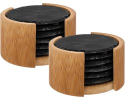 Secret de Gourmet Glasonderzetters - 12x - in rekje - 6ST - antraciet - leisteen - 10 cm